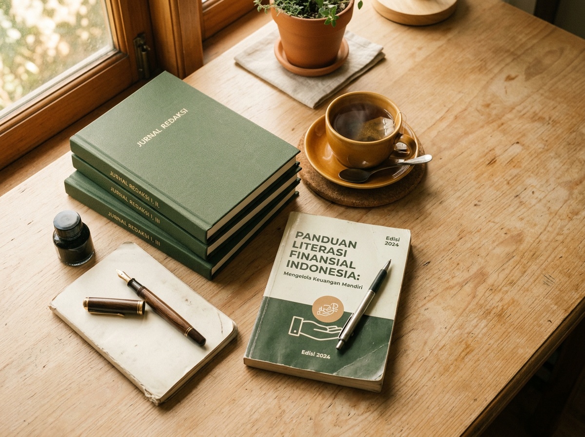Meja kerja tim catatan dengan buku investasi dan secangkir teh